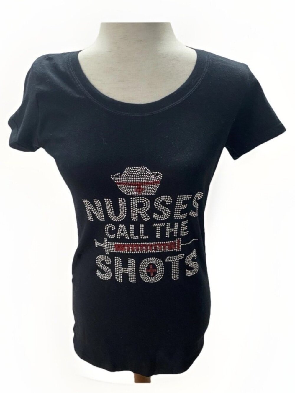 Nurses Call The Shots Baby Tee Black Embellished Women’s Size XL Fits M Graphic